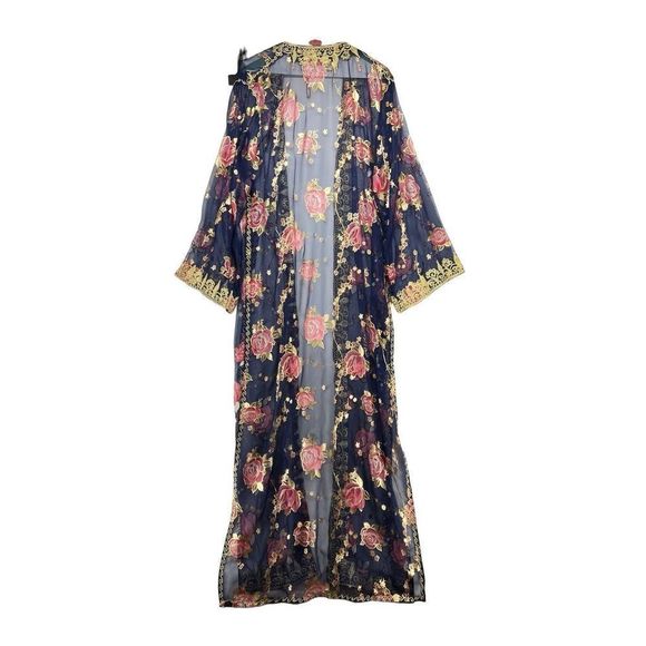 2 Piece Indian Outfit Sheer Robe & Dress Blue and Gold Floral Embroidery Tunic - Picture 4 of 14